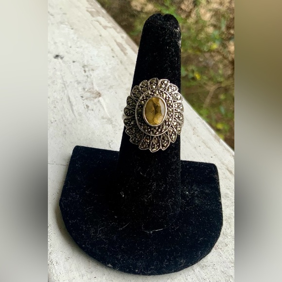 Vintage 925 Sterling Silver Oval-Shaped Citrine Gemstone Ring w/ Marcasite Sz 6 - Picture 5 of 16